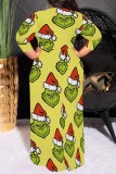 Casual Cartoon Print Belted O Neck Long Plus Size Dresses