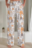 Casual Print Draw String Pocket Patchwork Loose Mid Waist Straight Full Print Bottoms