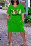 Casual Letter Print Pocket V Neck Short Sleeve Plus Size Dresses