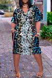 Casual Print Pocket V Neck Long Sleeve Plus Size Dresses