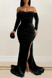 Elegant Solid Color Patchwork High Slit Off Shoulder Long Dresses