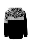 Casual Print Draw String Pocket Patchwork Hooded Tops