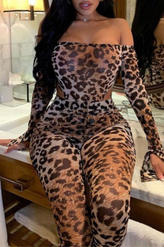 Sexy Hot Leopard Print Backless Off Shoulder Long Sleeve Two Pieces