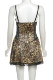Sexy Leopard Print Lace Patchwork Backless Spaghetti Strap Sling Dresses
