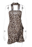 Sexy Leopard Print Patchwork Backless Strapless Irregular Dresses