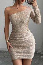 Sexy Solid Color Sequins Patchwork Backless Oblique Collar Wrapped Skirt Dresses