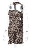 Sexy Leopard Print Patchwork Backless Strapless Irregular Dresses