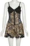 Sexy Leopard Print Lace Patchwork Backless Spaghetti Strap Sling Dresses