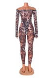 Sexy Hot Leopard Print Backless Off Shoulder Long Sleeve Two Pieces