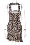 Sexy Leopard Print Patchwork Backless Strapless Irregular Dresses