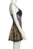 Sexy Leopard Print Lace Patchwork Backless Spaghetti Strap Sling Dresses