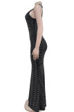 Elegant Solid Color Patchwork Hot Drill Zipper O Neck Long Dresses