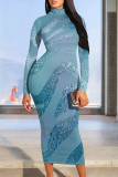 Elegant Gradient Print Contrast Half A Turtleneck One Step Skirt Dresses