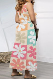 Casual Floral Print Pocket Contrast V Neck Loose Jumpsuits