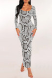 Sexy Snakeskin Print Gradient Contrast U Neck One Step Skirt Dresses