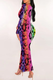 Sexy Snakeskin Print Gradient Contrast U Neck One Step Skirt Dresses