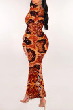 Sexy Snakeskin Print Gradient Contrast U Neck One Step Skirt Dresses