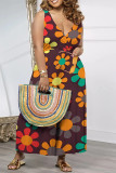 Casual Floral Print Pocket Contrast V Neck Loose Jumpsuits