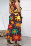 Casual Floral Print Pocket Contrast V Neck Loose Jumpsuits
