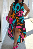 Casual Print Patchwork O Neck Irregular Plus Size Dresses