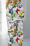 Casual Butterfly Newspaper printing Contrast Regular High Waist Full Print Bottoms