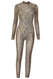Sexy Leopard Print Hollow Out Patchwork Cross Straps Strap Design O Neck Skinny Jumpsuits