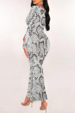 Sexy Snakeskin Print Gradient Contrast U Neck One Step Skirt Dresses