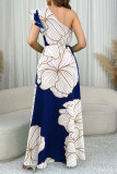Elegant Print Patchwork Backless Oblique Collar Long Dresses