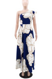 Elegant Print Patchwork Backless Oblique Collar Long Dresses