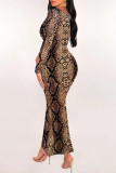 Sexy Snakeskin Print Gradient Contrast U Neck One Step Skirt Dresses