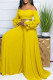 Casual Solid Color Patchwork Backless Zipper Ruffled Trim Off Shoulder Loose Jumpsuits