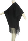 Elegant Solid Color Fringed Trim Patchwork O Neck Long Plus Size Dresses