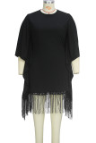 Elegant Solid Color Fringed Trim Patchwork O Neck Long Plus Size Dresses