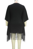 Elegant Solid Color Fringed Trim Patchwork O Neck Long Plus Size Dresses