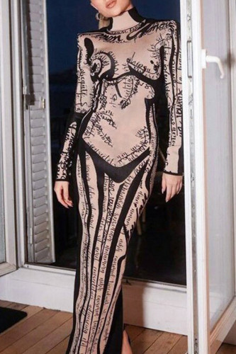 Casual Print Patchwork Turtleneck Long Dresses