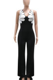 Casual Patchwork Backless Zipper Contrast Asymmetrical Collar Regular Jumpsuits