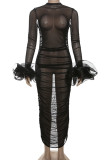Sexy Solid Color Patchwork See-Through Mesh O Neck Long Dresses