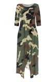 Casual Street Camouflage Print Snakeskin Print Pocket Irregular Contrast O Neck Irregular Dresses