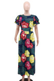 Elegant Print Patchwork Slit Ruffled Trim O Neck Long Dresses