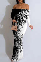 Sexy Floral Print Ruffle Contrast Off Shoulder Long Dresses
