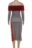Sexy Stripe Lace Patchwork Backless Off Shoulder Long Dresses