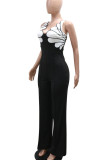 Casual Patchwork Backless Zipper Contrast Asymmetrical Collar Regular Jumpsuits