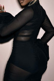 Sexy Solid Color Patchwork See-Through Mesh O Neck Long Dresses