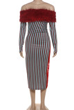 Sexy Stripe Lace Patchwork Backless Off Shoulder Long Dresses