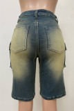 Casual Pocket Buttons Patchwork Zipper Mid Waist Straight Denim Shorts