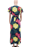 Elegant Print Patchwork Slit Ruffled Trim O Neck Long Dresses