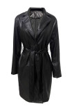 Casual Solid Color Buttons Patchwork With Belt Turndown Collar Outerwear