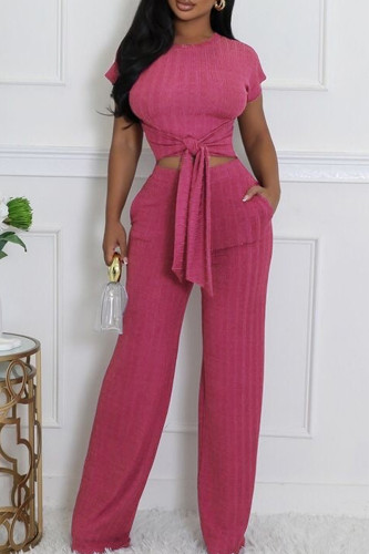 Casual Solid Color Pocket Patchwork Strap Design O Neck Short Sleeve Two Pieces