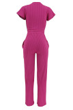 Casual Solid Color Pocket Patchwork Strap Design O Neck Short Sleeve Two Pieces