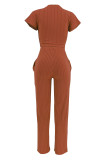 Casual Solid Color Pocket Patchwork Strap Design O Neck Short Sleeve Two Pieces